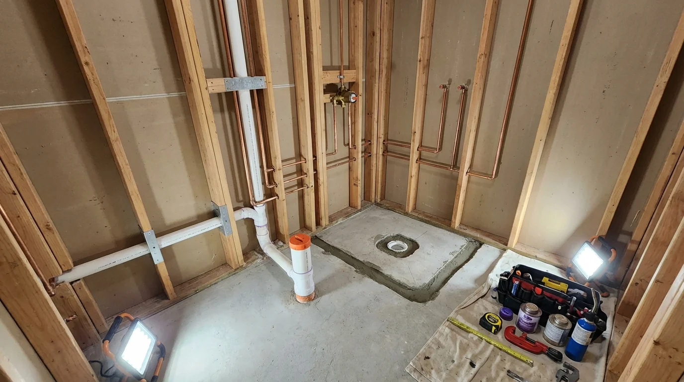 Bathroom rough-in plumbing during remodel by Johns Plumbing LLC in Hudson