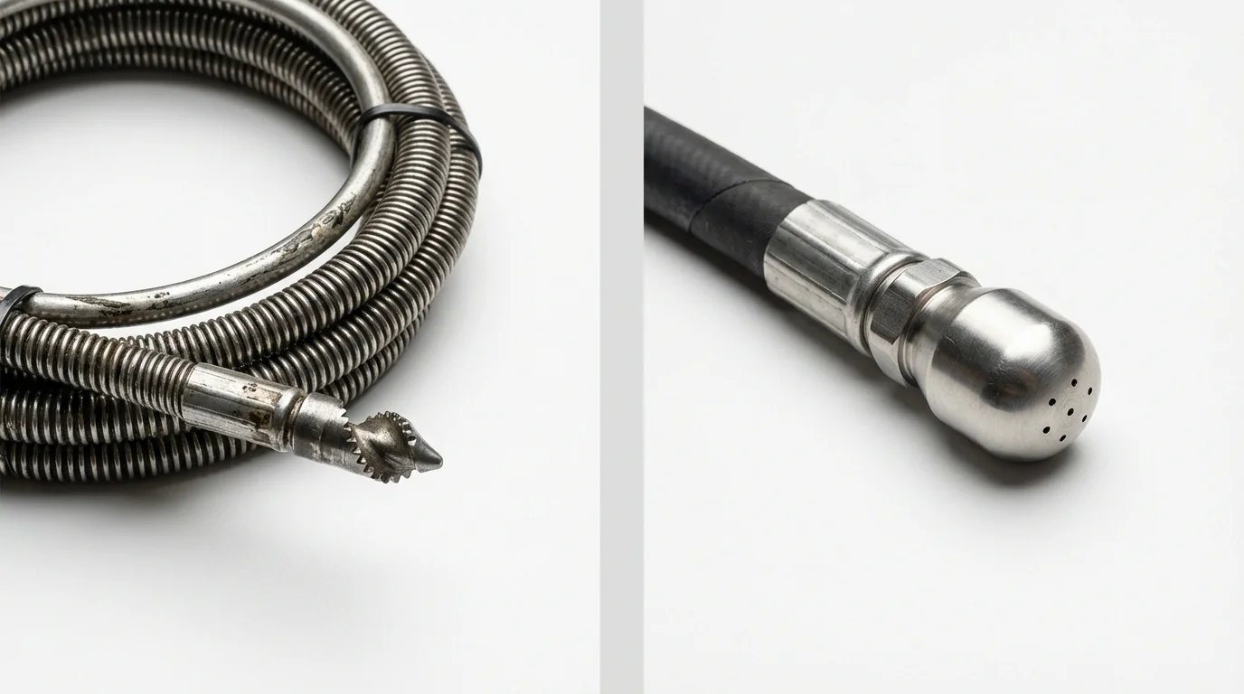 Drain snake cable and hydro jetting nozzle used for drain cleaning in Hudson, ME