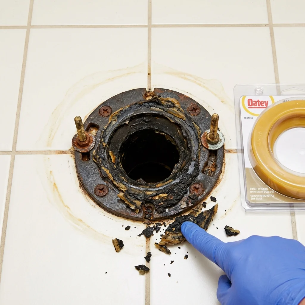 Failed wax ring showing water seepage at the base of a toilet in a Hudson, ME home