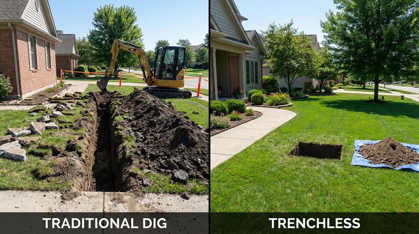Trenchless sewer repair with minimal yard damage versus traditional excavation in Hudson, ME