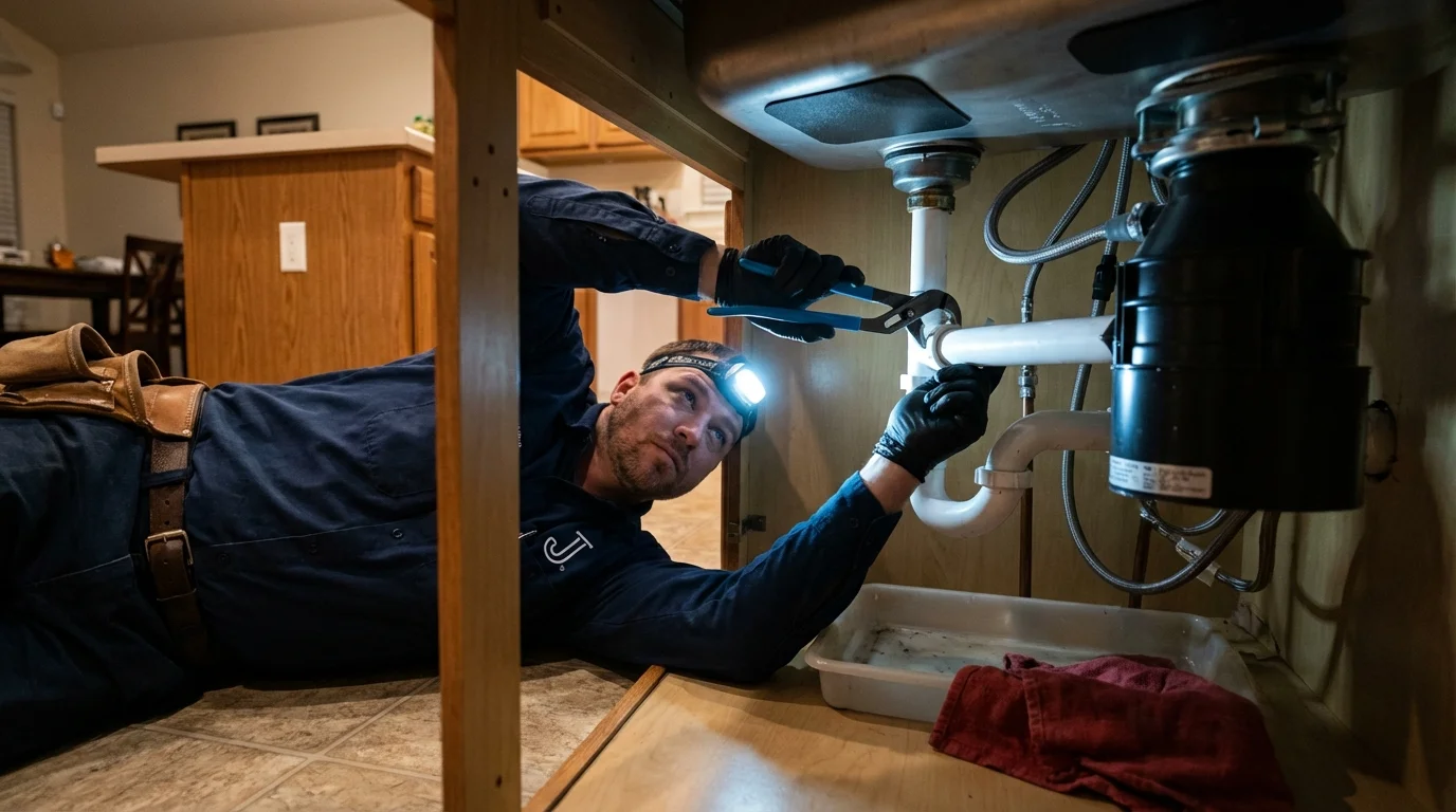 P-trap and supply line connections under a kitchen sink showing a common leak point in Hudson, ME